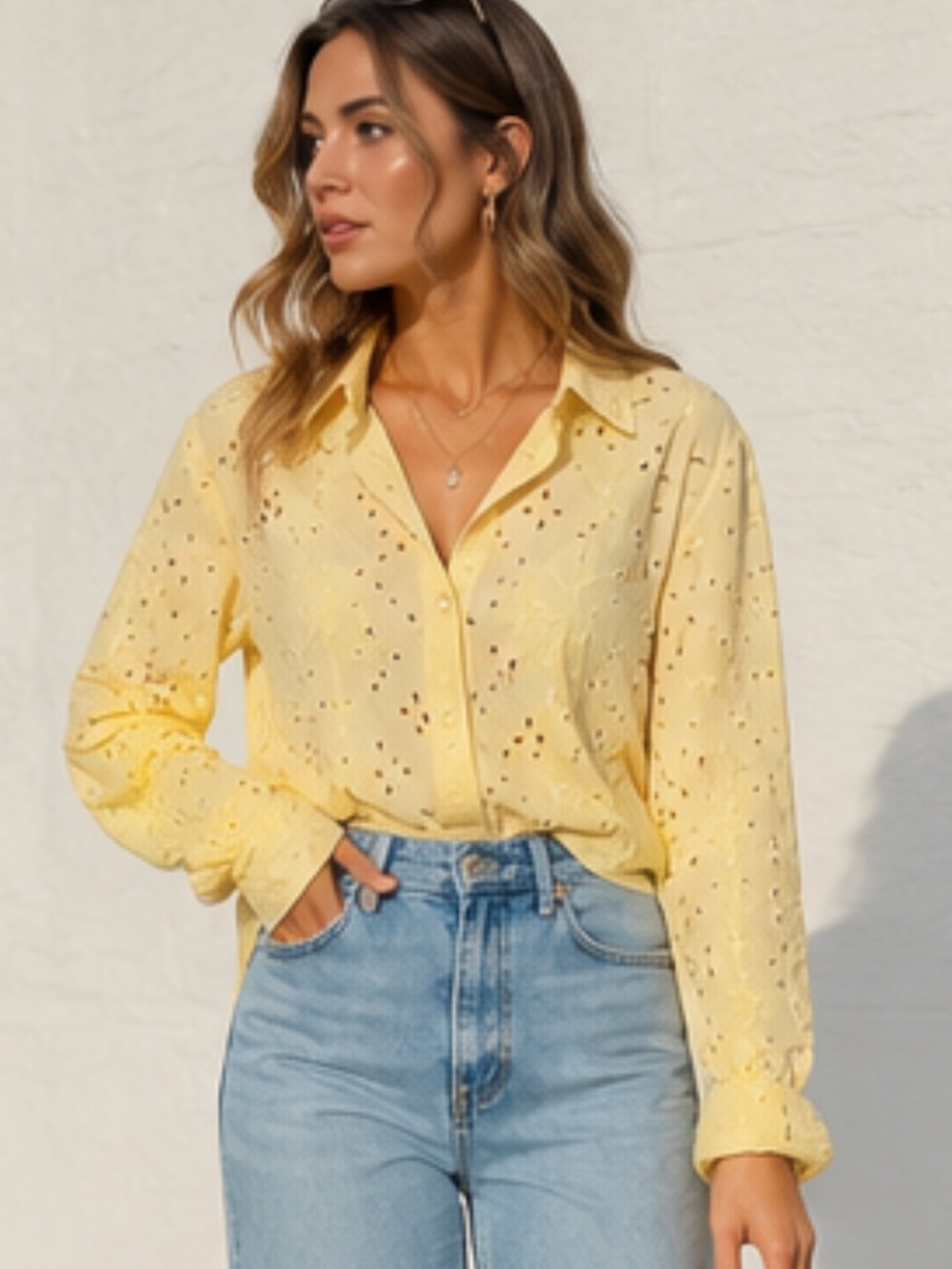 Michael Kors Yellow Eyelet Button-Up Blouse